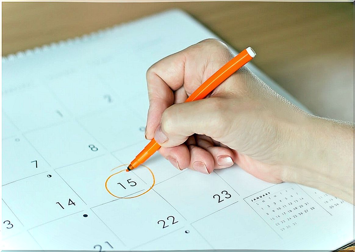 Menstrual calendar and period timing.